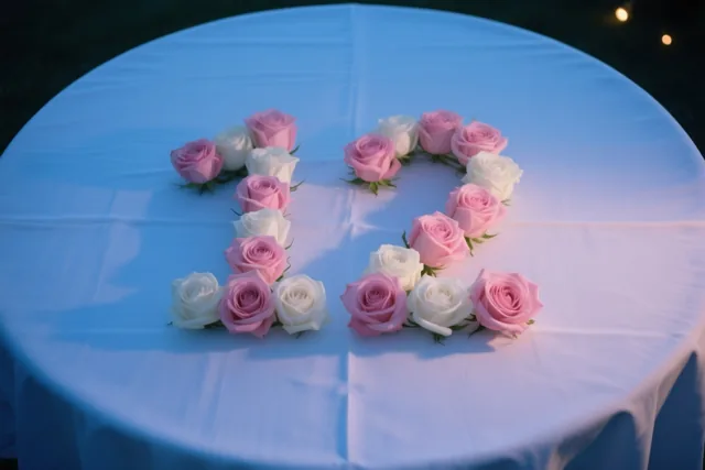 Van bovenaf is het getal 12 te zien, gevormd door roze en witte rozen op een zacht verlicht wit tafelkleed.