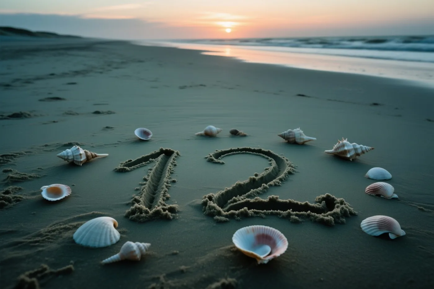 Het getal 12 is in het strandzand getekend tussen schelpen, in warme oranje en zachtblauwe tinten bij zonsondergang.