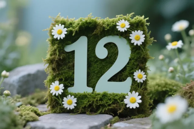 Het getal 12 is uitgesneden uit een groen mosframe met madeliefjes in een landelijke tuin.