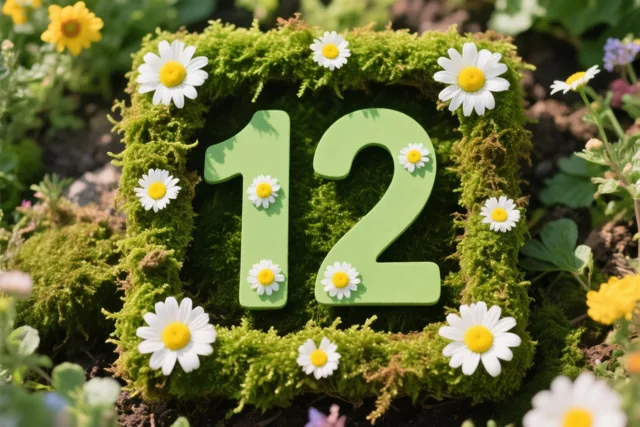 Een groen mosframe in de vorm van 12 is versierd met witte madeliefjes in een landelijke tuin.