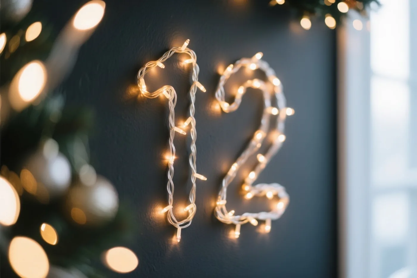 Warme lichtslingers vormen het getal 12 op een donkere muur, met onscherpe feestlichtjes en versieringen eromheen.