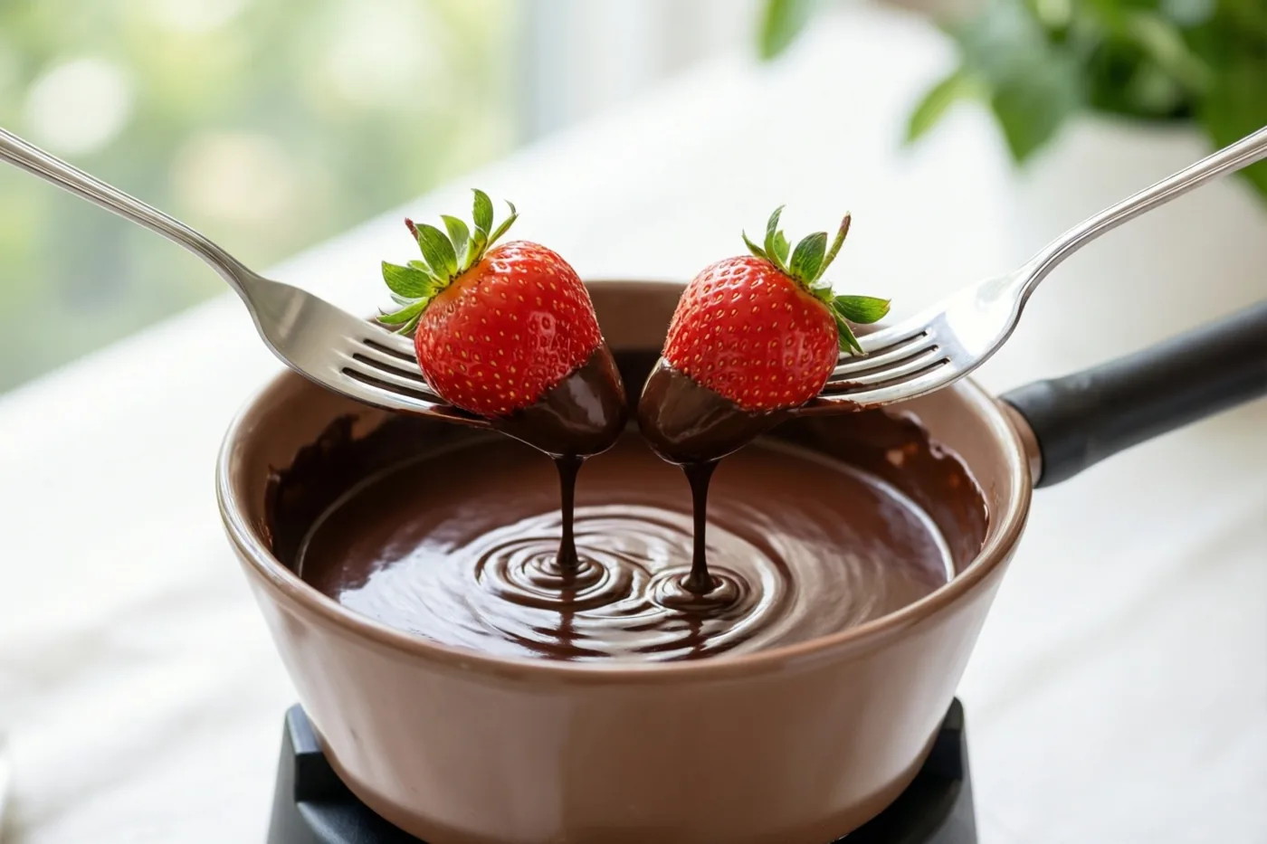 Twee verse aardbeien op vorken worden tegelijk in een pot gesmolten chocolade gedoopt, met druipende chocolade en onscherp groen op de achtergrond.