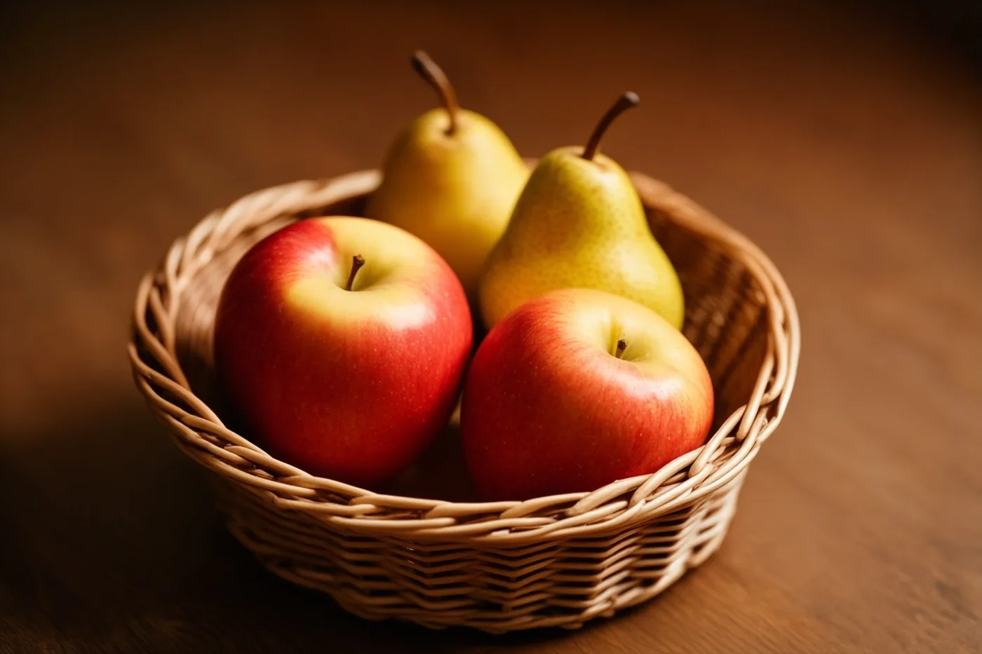 Twee rode appels en twee groene peren liggen in een gevlochten mand op een houten tafel in warm licht.