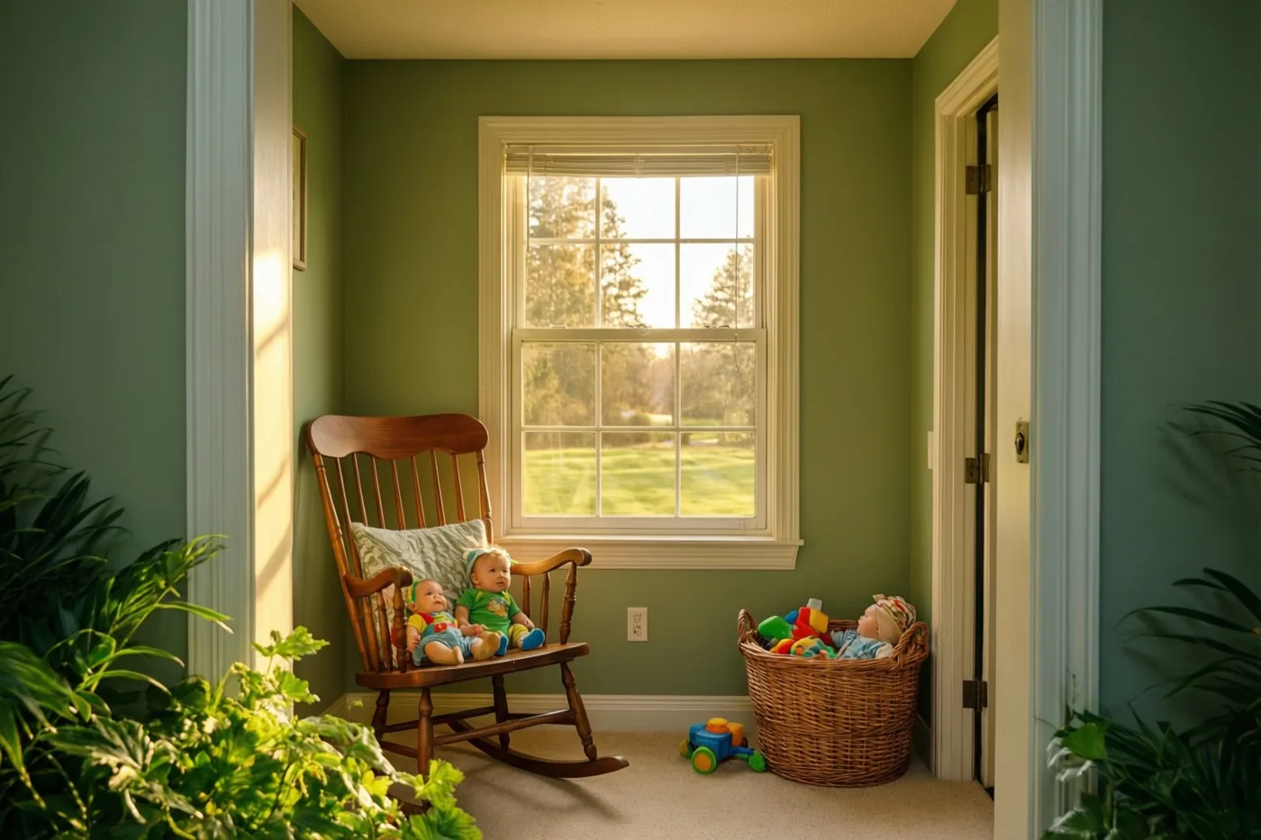 In een houten schommelstoel zijn twee baby’s te zien in een zonnige babykamer met saliegroene muren en een rieten speelgoedmand naast het raam.