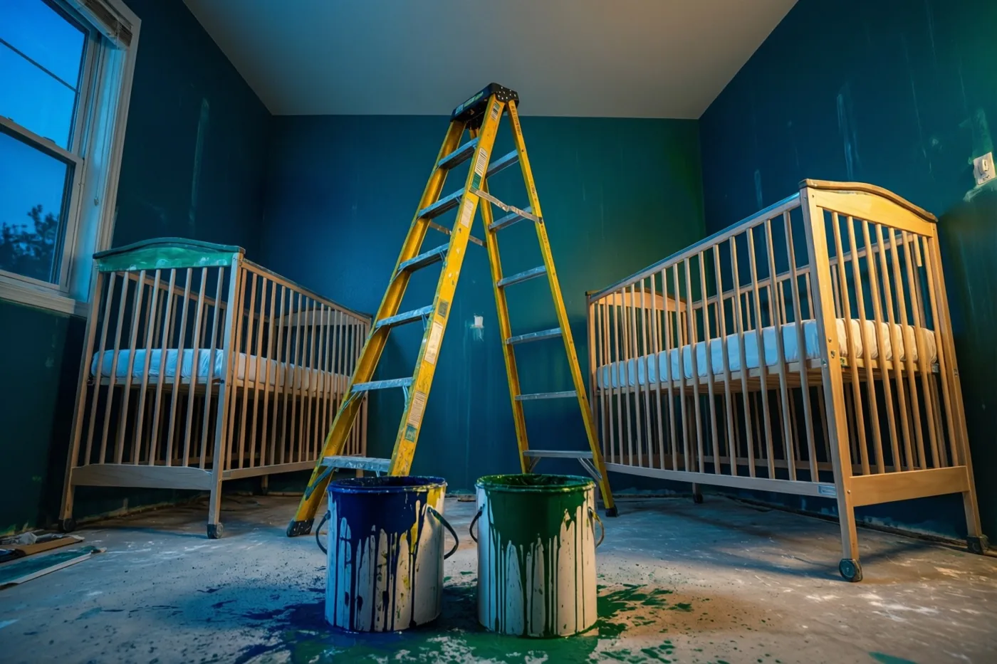 In een babykamer met diepblauwe muren staan twee houten babybedjes, een gele ladder en twee verfemmers, met verfdruppels op de vloer.