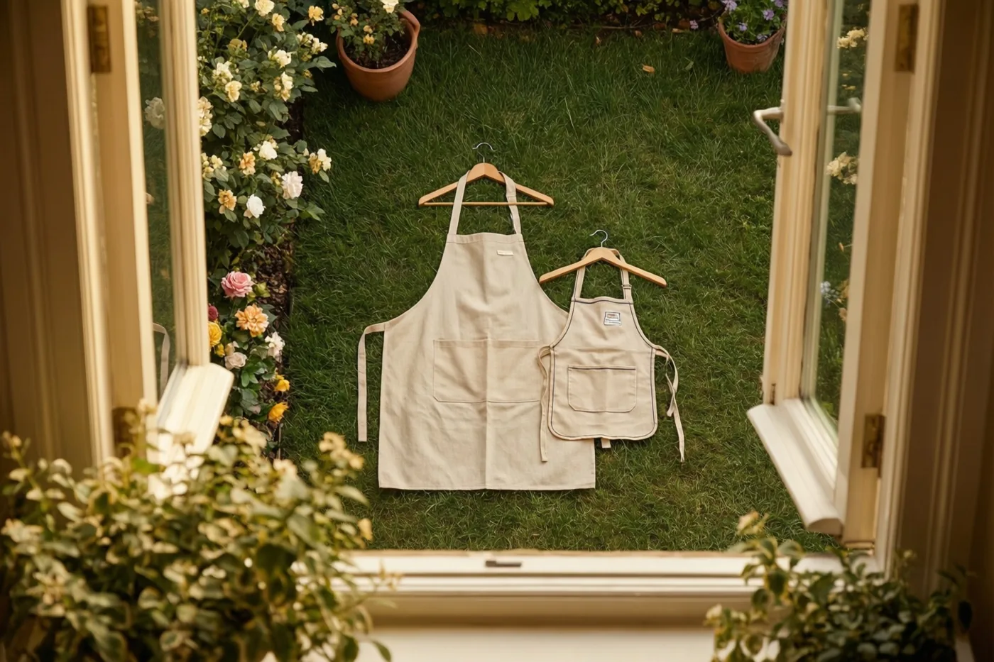 Door een open raam zijn twee beige schorten, een grote en een kleine, op houten kleerhangers boven een groen gazon te zien, omlijst door raamkozijnen en tuinbloemen.
