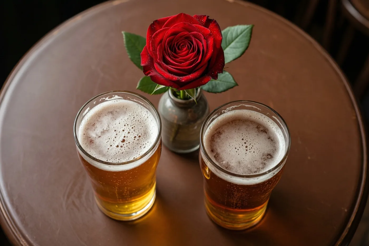 Twee glazen bier met schuim staan op een bruine cafétafel naast een rode roos in een klein vaasje, in warme rode, bruine en amberkleurige tinten.