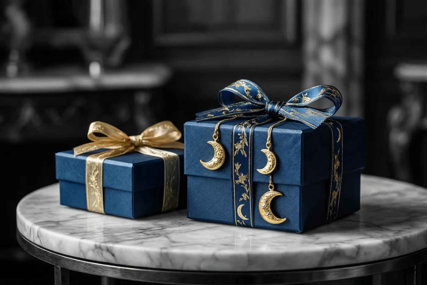 Twee diepblauwe geschenkdozen met gouden linten en maansikkelornamenten staan op een witte marmeren sidetable tegen een donkere onscherpe achtergrond.