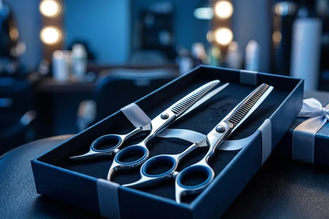 Twee kappersscharen met blauwe handvatten liggen in een geschenkdoos op een salontoog, in koelblauwe tinten met warme lichtvlekken op de achtergrond.