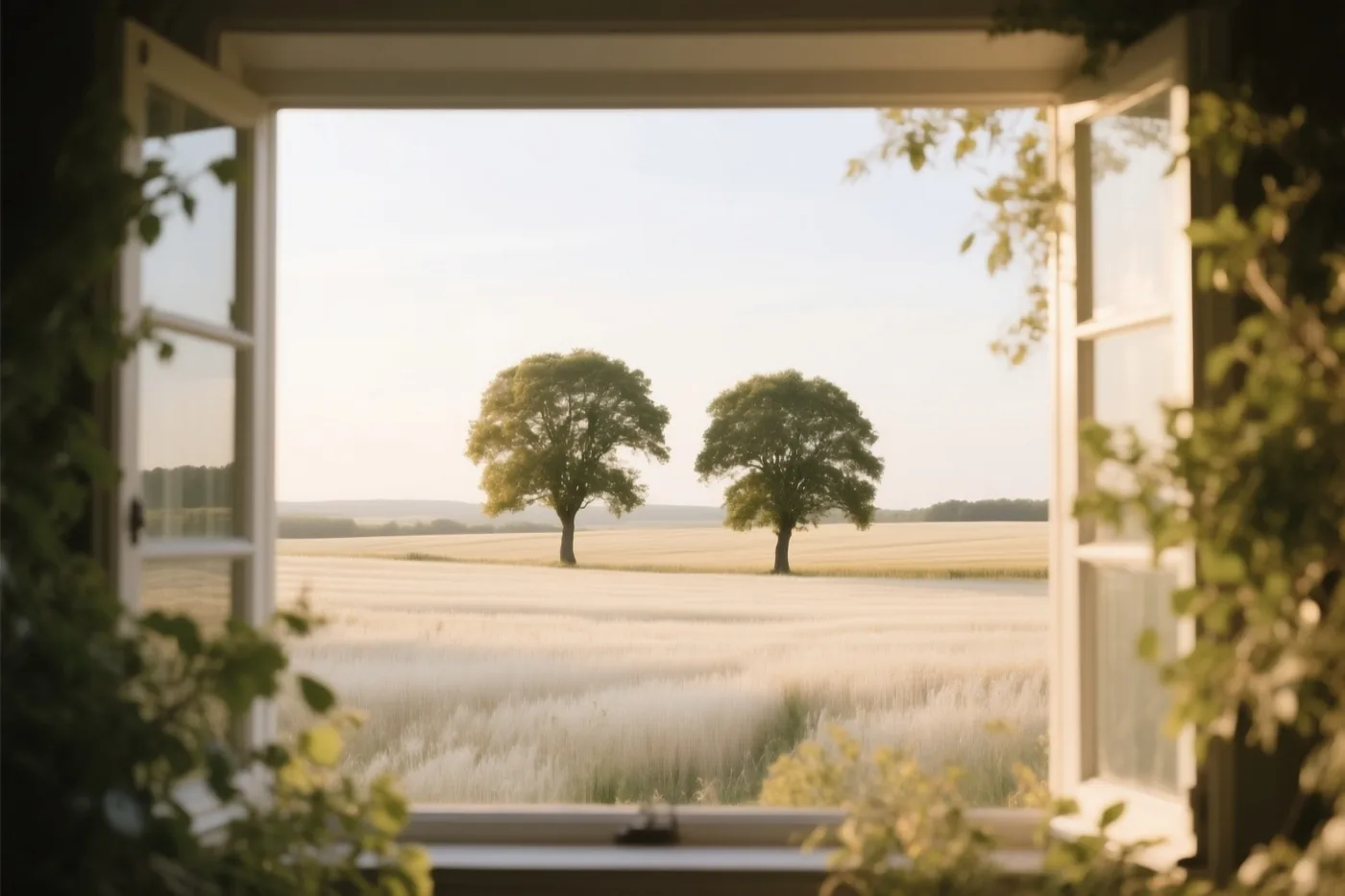 Door een open raam met groene bladeren eromheen zijn twee bomen naast elkaar in een goudkleurig veld te zien onder een zachte hemel.