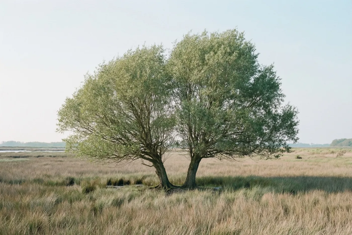 Twee bomen met volle groene kruinen staan dicht bij elkaar in hoog, droog gras, onder een lichtblauwe lucht met bomen aan de horizon.