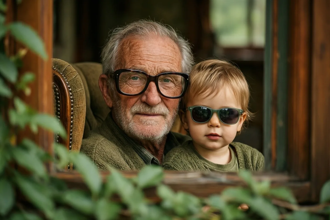 Een oudere man met een grote bril en een peuter met een kleine zonnebril zitten samen in een fauteuil, gezien door groen gebladerte in warm licht en aardetinten.