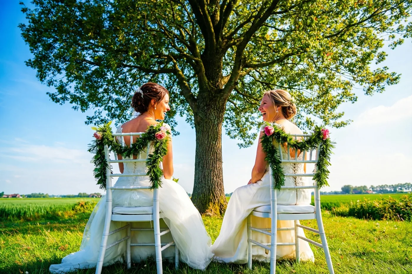 Twee bruiden in witte trouwjurken zitten tegenover elkaar op witte stoelen met groene slingers en roze rozen onder een grote boom in een groen veld bij blauwe lucht.