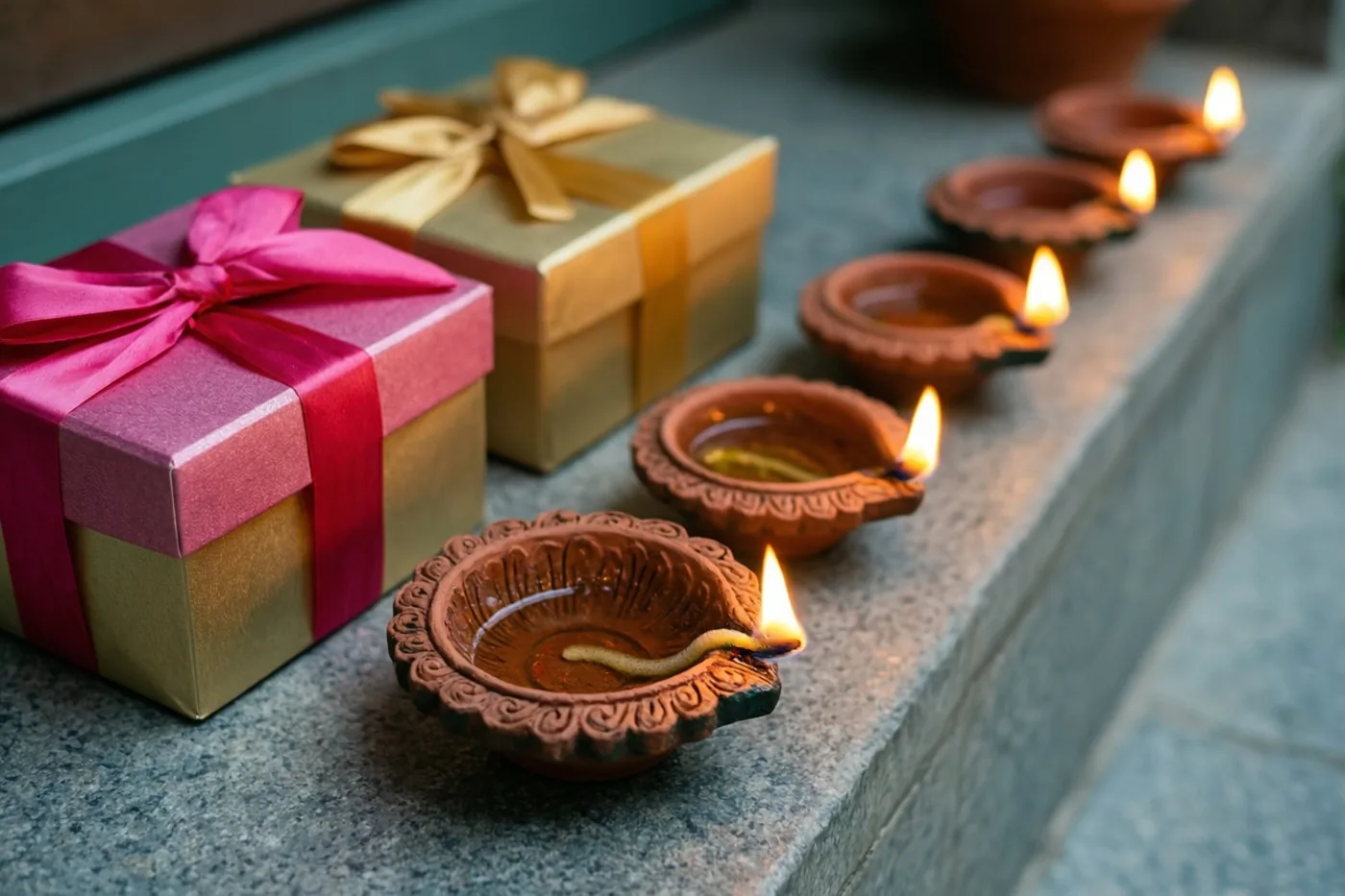 Twee cadeaudozen in roze en goud papier met strikken staan naast een rij brandende lampjes van klei op een stenen drempel.