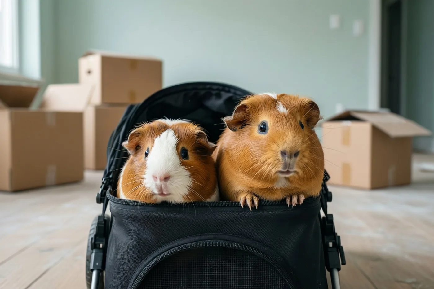 Twee cavia’s zitten in een zwarte reismand op de houten vloer van een lege woonkamer, omringd door kartonnen verhuisdozen in zacht licht.