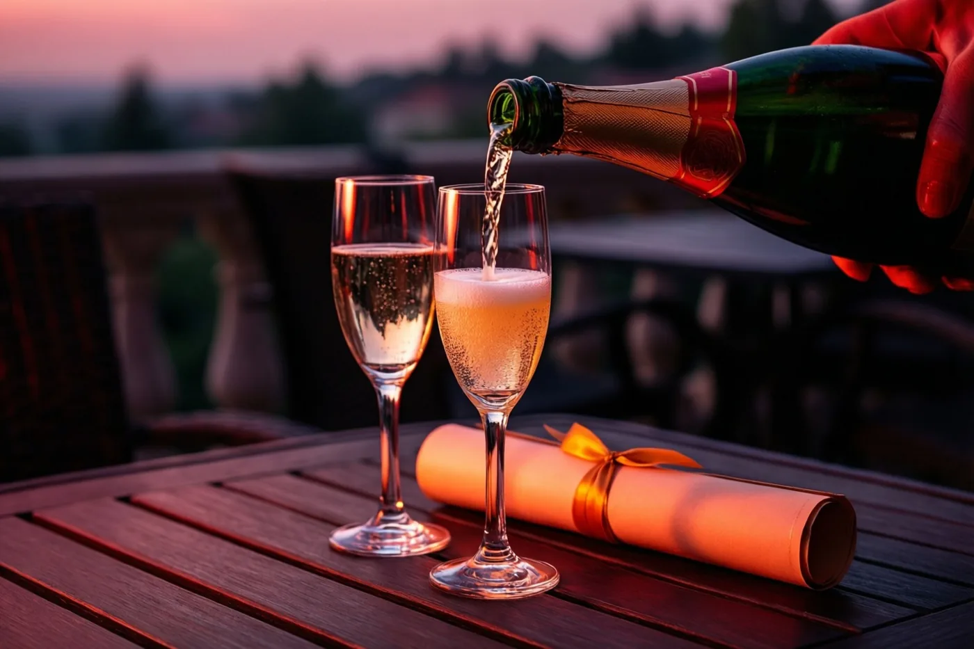 Op een houten terrastafel wordt bij zonsondergang champagne in twee fluitglazen geschonken naast een opgerold diploma met een lint, in warm roze en oranje licht.