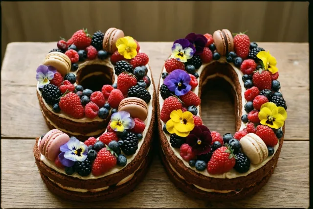 Twee cijfertaarten vormen 90 op een houten oppervlak en zijn versierd met bessen, macarons en eetbare bloemen.