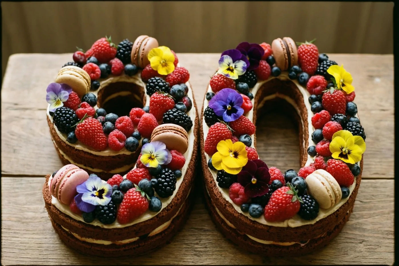 Twee cijfertaarten vormen 90 op een houten oppervlak en zijn versierd met bessen, macarons en eetbare bloemen.
