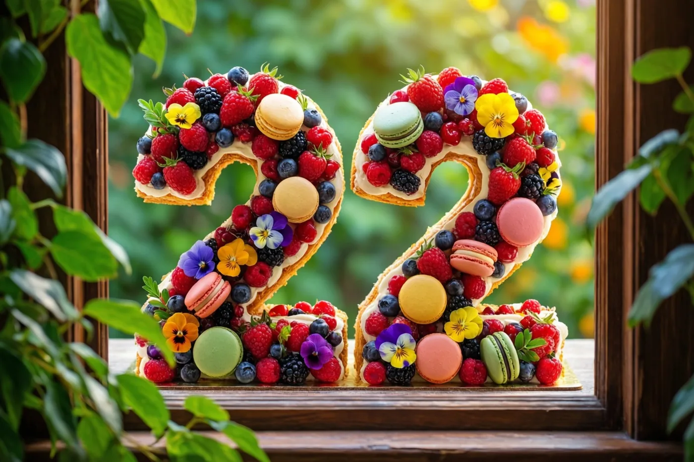 Twee taarten in de vorm van een 2 staan op een houten vensterbank, versierd met bessen, macarons en eetbare bloemen en omringd door groen.
