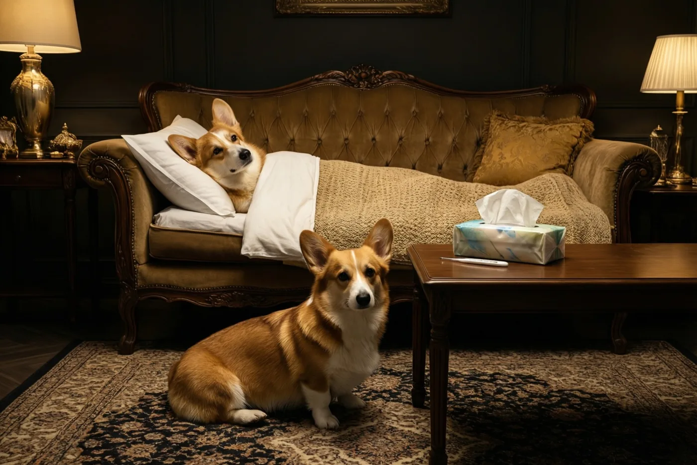 In een schemerige woonkamer rust een corgi op een zetel met dekens en kussens die als ziekbed is ingericht, terwijl een tweede corgi op een tapijt met motief zit.