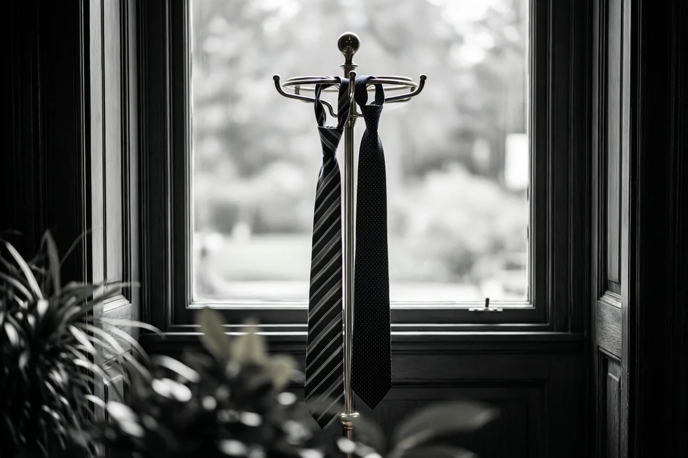 Een grote en een kleine das hangen naast elkaar aan een metalen kledingstandaard voor een raam, weergegeven in zwart-wit.