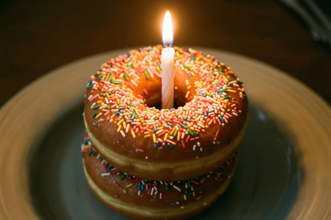 Twee geglazuurde donuts met kleurrijke strooisels liggen op een bord met één brandend kaarsje in het midden, in warm licht.