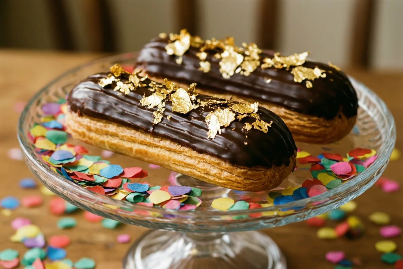 Twee chocolade-éclairs met bladgoud liggen op een glazen taartvoet tussen kleurrijke confetti op een houten ondergrond.