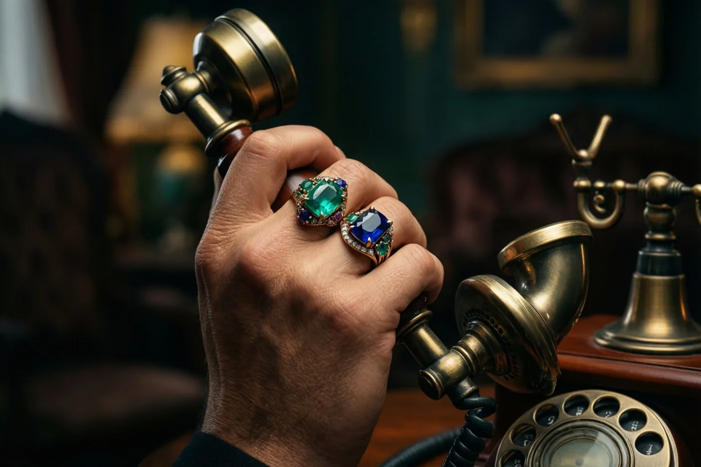 Een hand met twee grote edelsteenringen houdt de hoorn van een antieke draaischijftelefoon vast in een schemerige vintagekamer met houten meubels en warm licht.