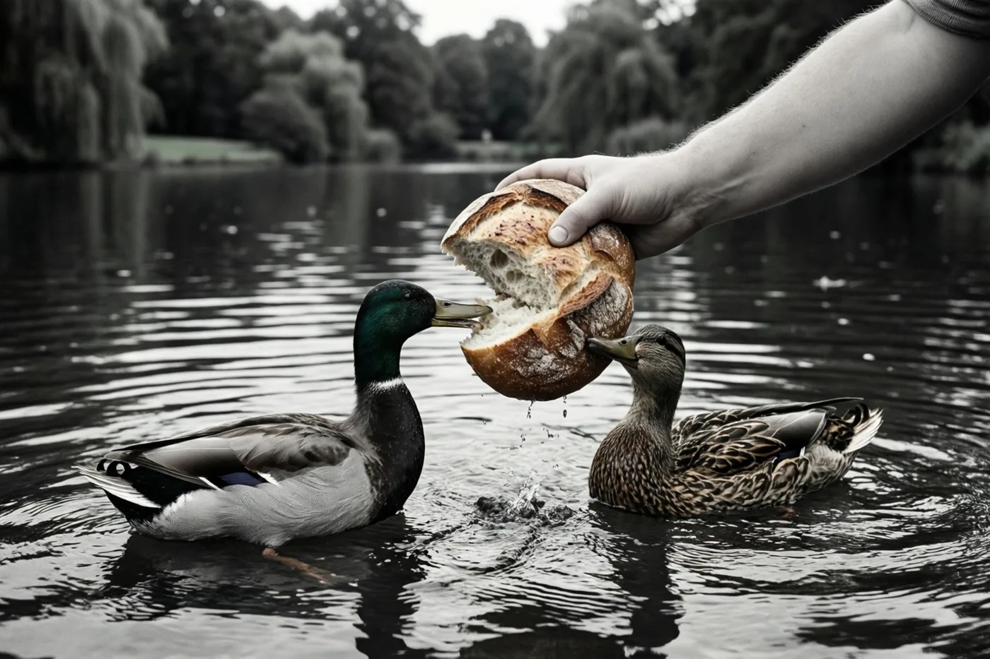 Een hand houdt een brood boven een vijver waar twee eenden ernaar reiken, in een zwart-witbeeld waarin het brood en delen van de veren in kleur zijn weergegeven.
