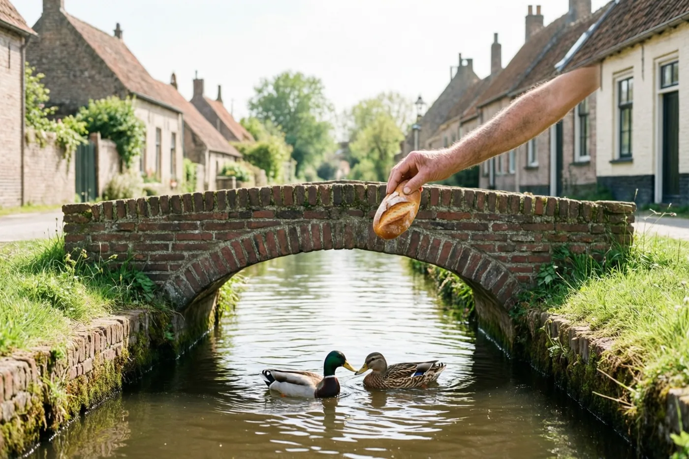 Een hand houdt een brood boven een klein bakstenen bruggetje over een kanaal met twee zwemmende eenden, tussen traditionele dorpshuizen onder een heldere hemel.