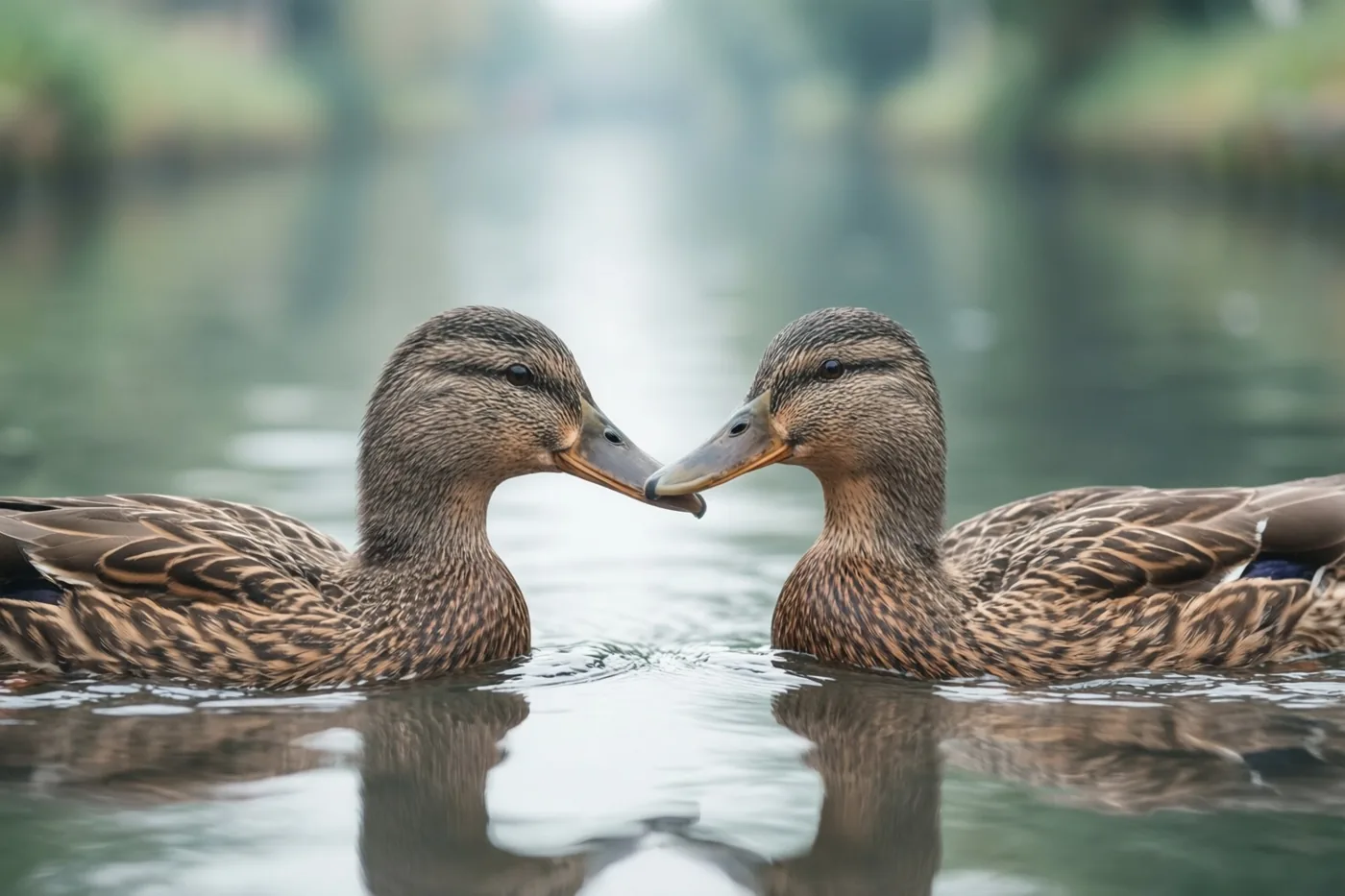 Twee vrouwelijke wilde eenden zwemmen tegenover elkaar in een rustig kanaal en raken elkaars snavel, met wazig groen op de achtergrond.