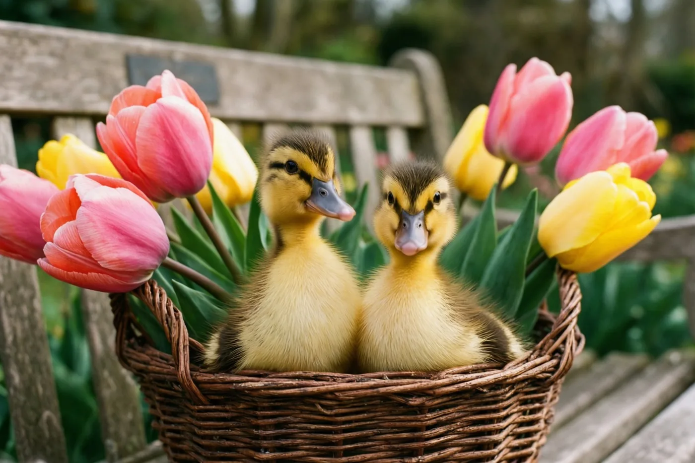 Twee donzige gele eendjes zitten samen in een rieten mand met roze en gele tulpen op een houten tuinbank.