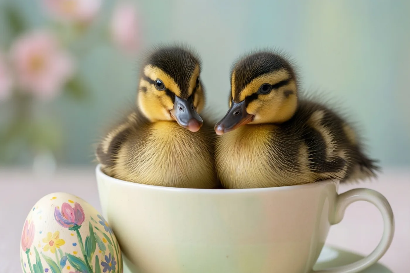 Twee donzige eendjes zitten samen in een witte theekop naast een met bloemen beschilderd paasei, tegen een onscherpe achtergrond in pastelkleuren.