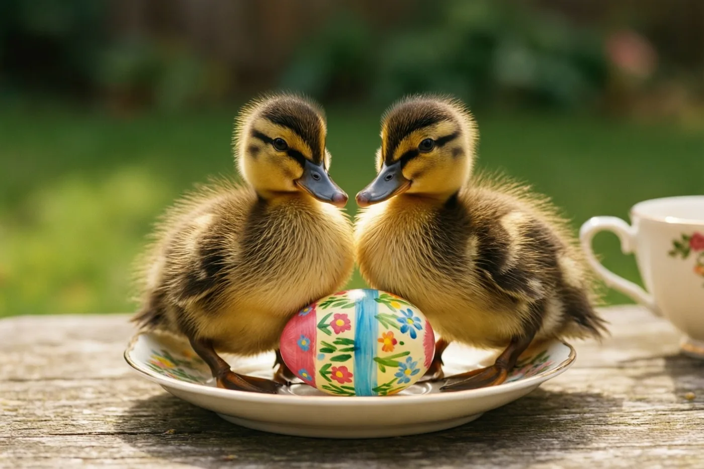 Twee donzige eendjes zitten op een sierbord met een beschilderd paasei tussen hen in, buiten op een houten ondergrond tegen een onscherpe groene achtergrond.