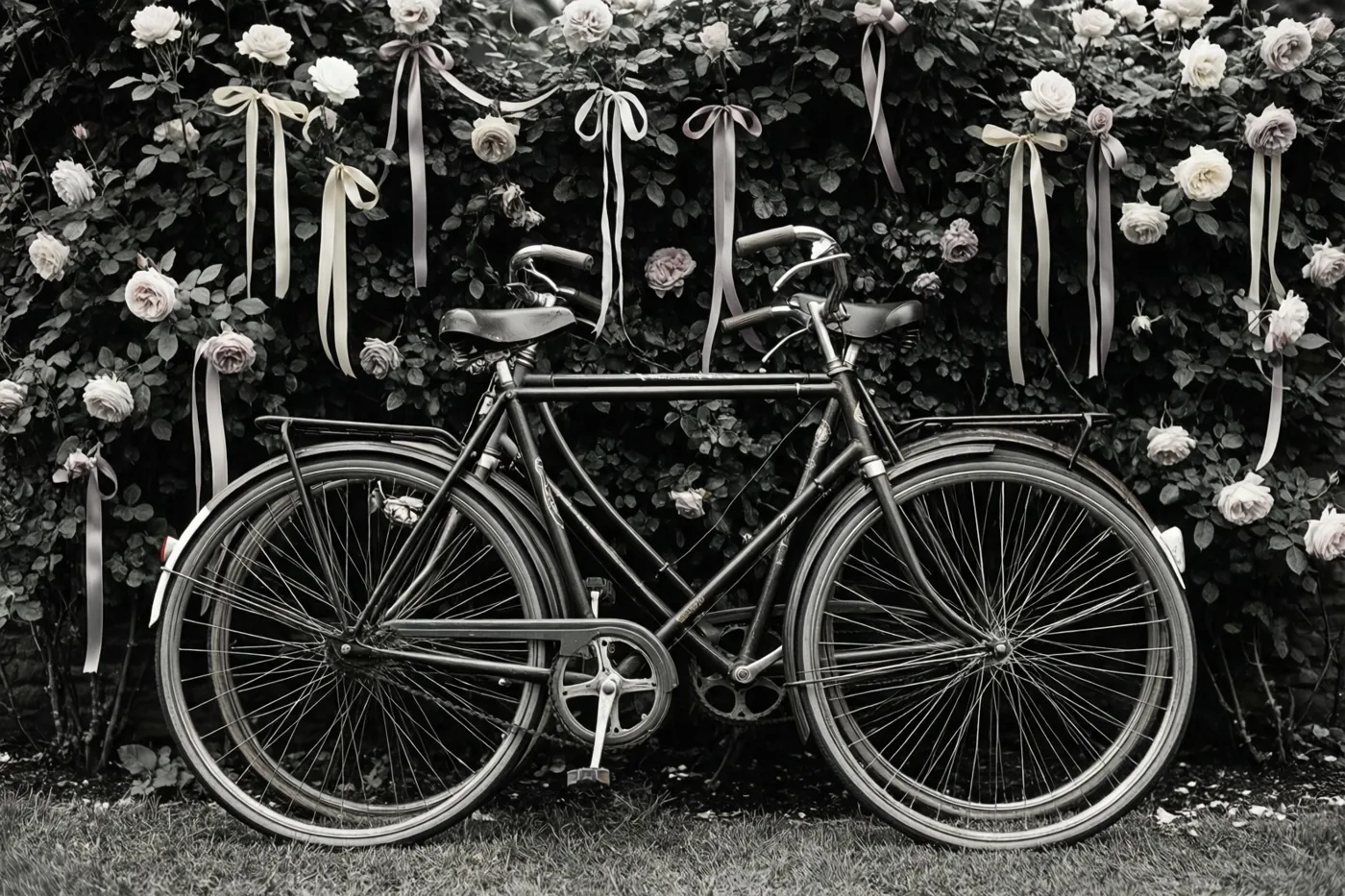 Twee oude fietsen leunen samen tegen een weelderig begroeide tuinmuur met witte rozen en linten op een zwart-witfoto.