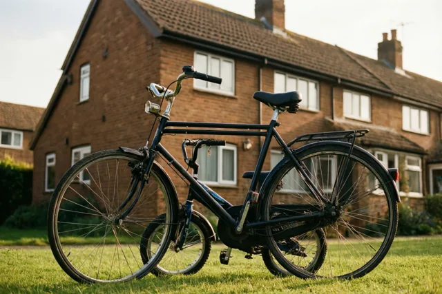 Een grote zwarte fiets en een kleinere kinderfiets leunen tegen elkaar op een gazon voor een bakstenen rijhuis met een trapgevel in warm goudkleurig zonlicht.
