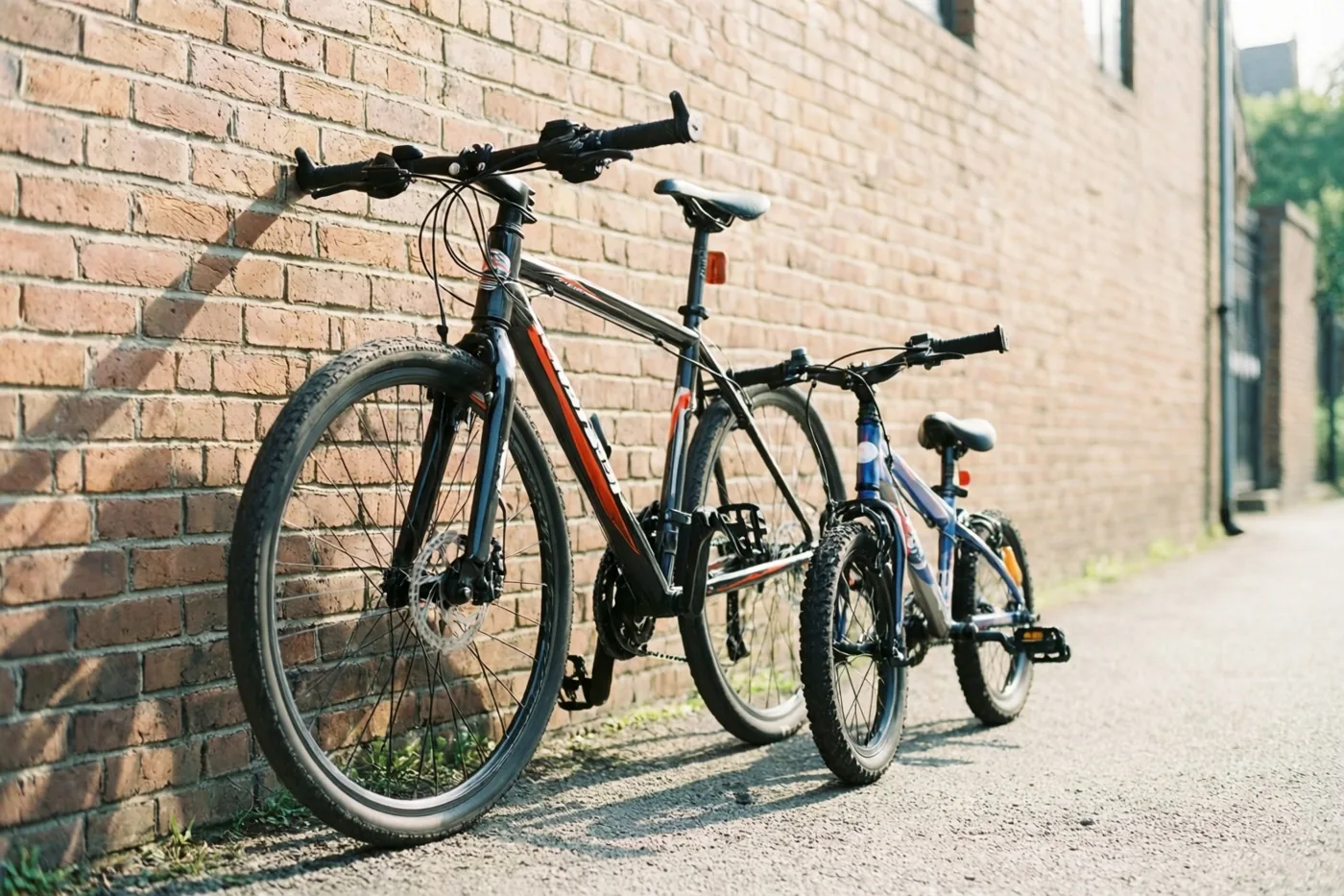 Een grote fiets en een kleine kinderfiets leunen op een verharde ondergrond tegen een bakstenen muur in warm zonlicht.