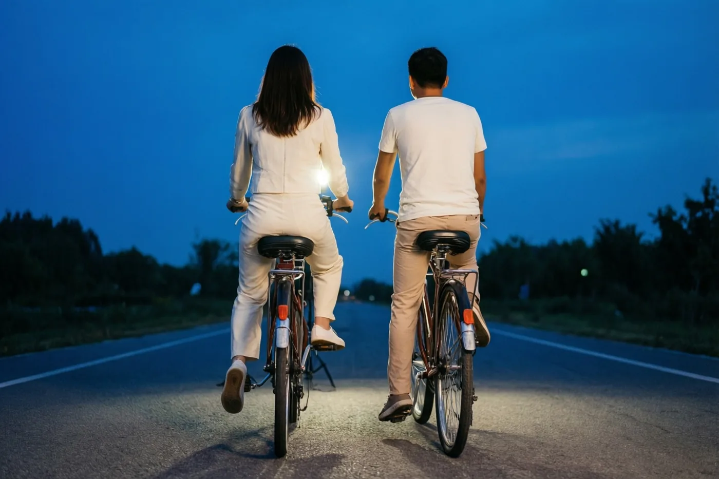 Twee mensen fietsen bij schemering over een weg, van achteren gezien in blauwe en witte tinten.
