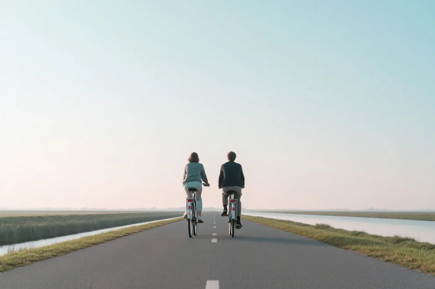 Twee mensen fietsen met hun rug naar de kijker naast elkaar over een rechte asfaltweg door de polders onder een heldere hemel in zacht licht.
