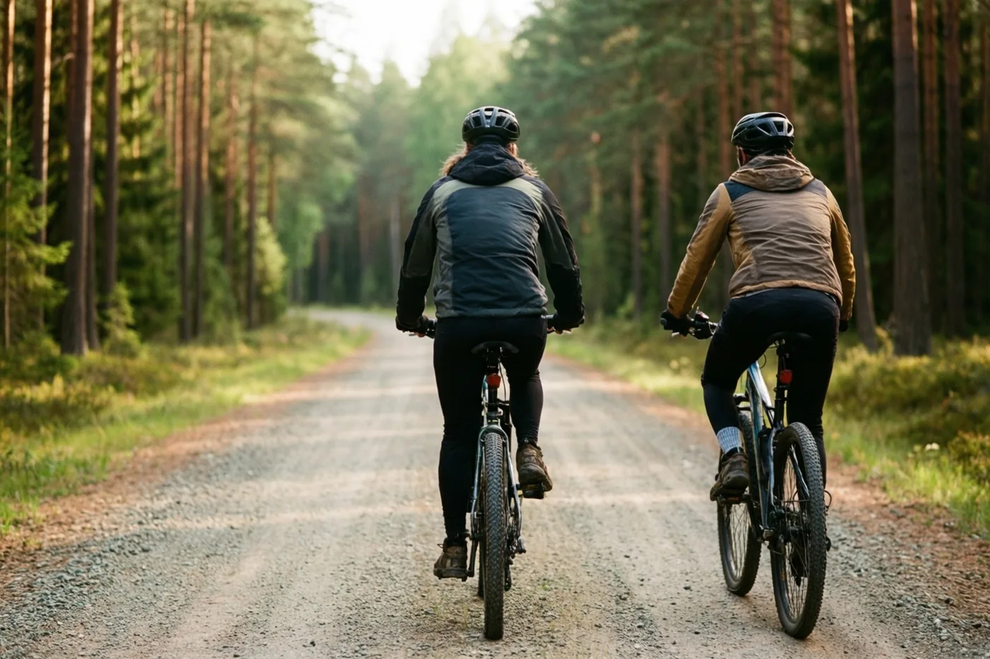 Twee fietsers zijn van achteren te zien op een grindweg tussen de bomen van een dicht dennenbos.