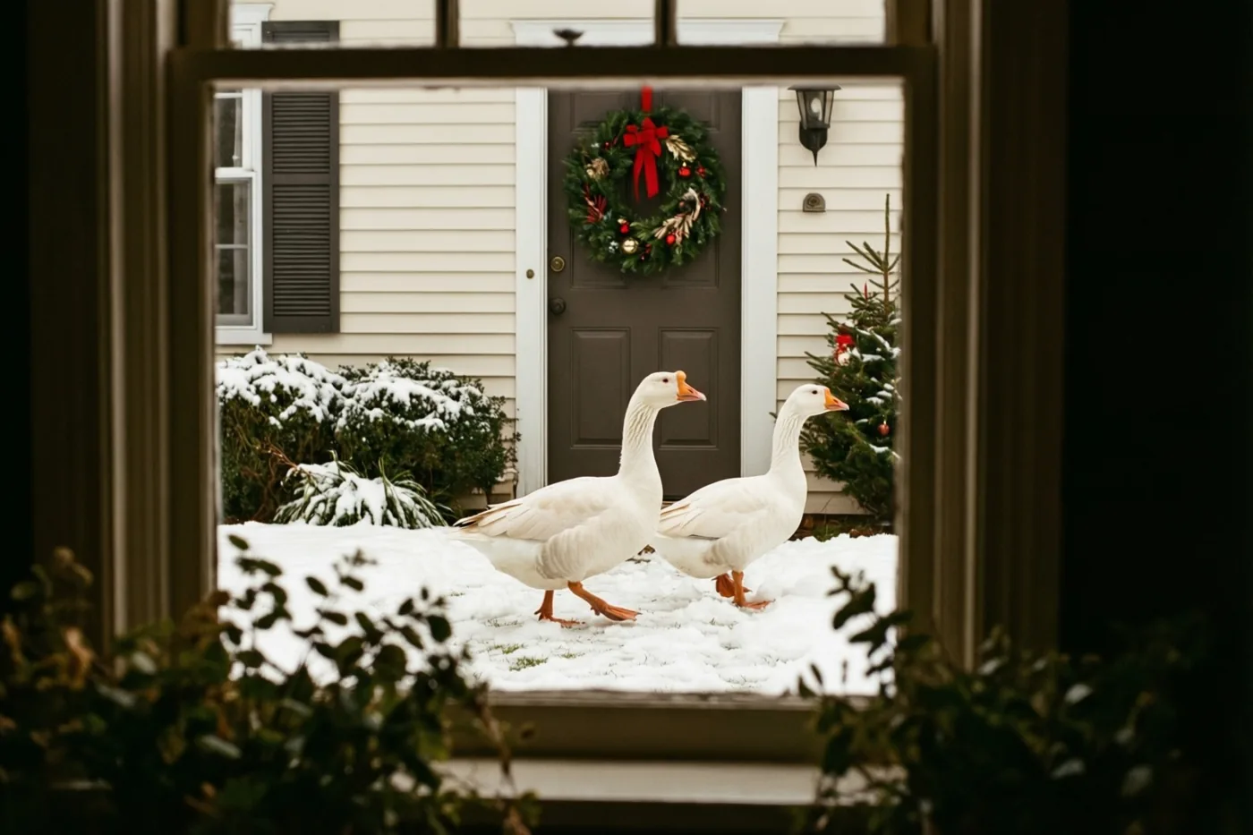 Door een raam zijn twee witte ganzen in de sneeuw voor een boerderijdeur met een kerstkrans te zien, met besneeuwde struiken vooraan en een versierd boompje naast de deur.