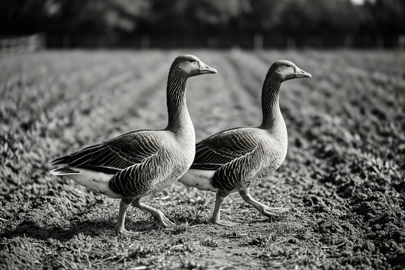 Twee ganzen lopen naast elkaar over een omgeploegde akker op een zwart-witfoto.