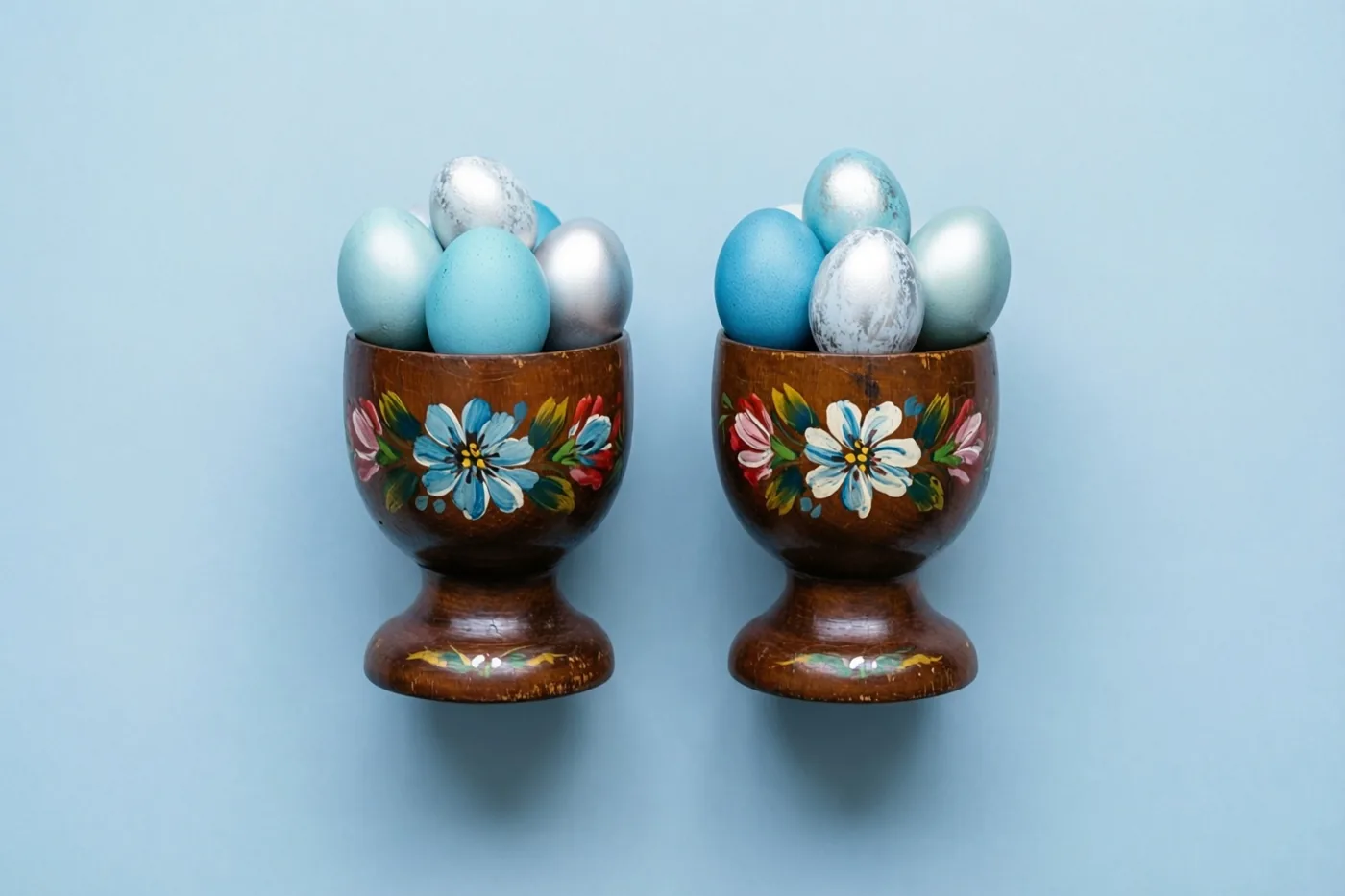 Twee handbeschilderde houten eierdopjes met bloemmotieven in jaren-vijftigstijl houden pastelkleurige eieren tegen een effen lichtblauwe achtergrond.