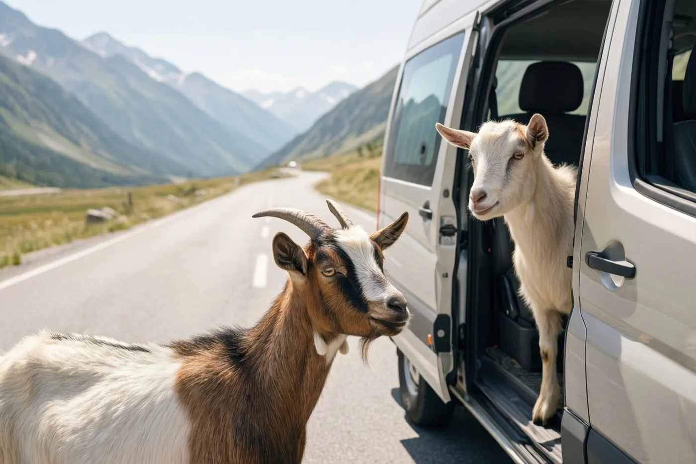 Twee geiten kijken naar de kijker op een zonnige bergweg, één bij de open zijdeur van een witte camper en één ernaast op de weg, met groene bergen onder een helderblauwe lucht.