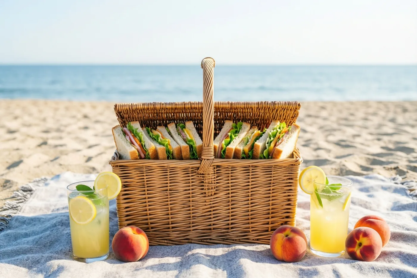 Een rieten mand met belegde boterhammen staat op een blauw stranddeken naast perziken en twee glazen limonade met citroenschijfjes, met een rustige zee op de achtergrond.