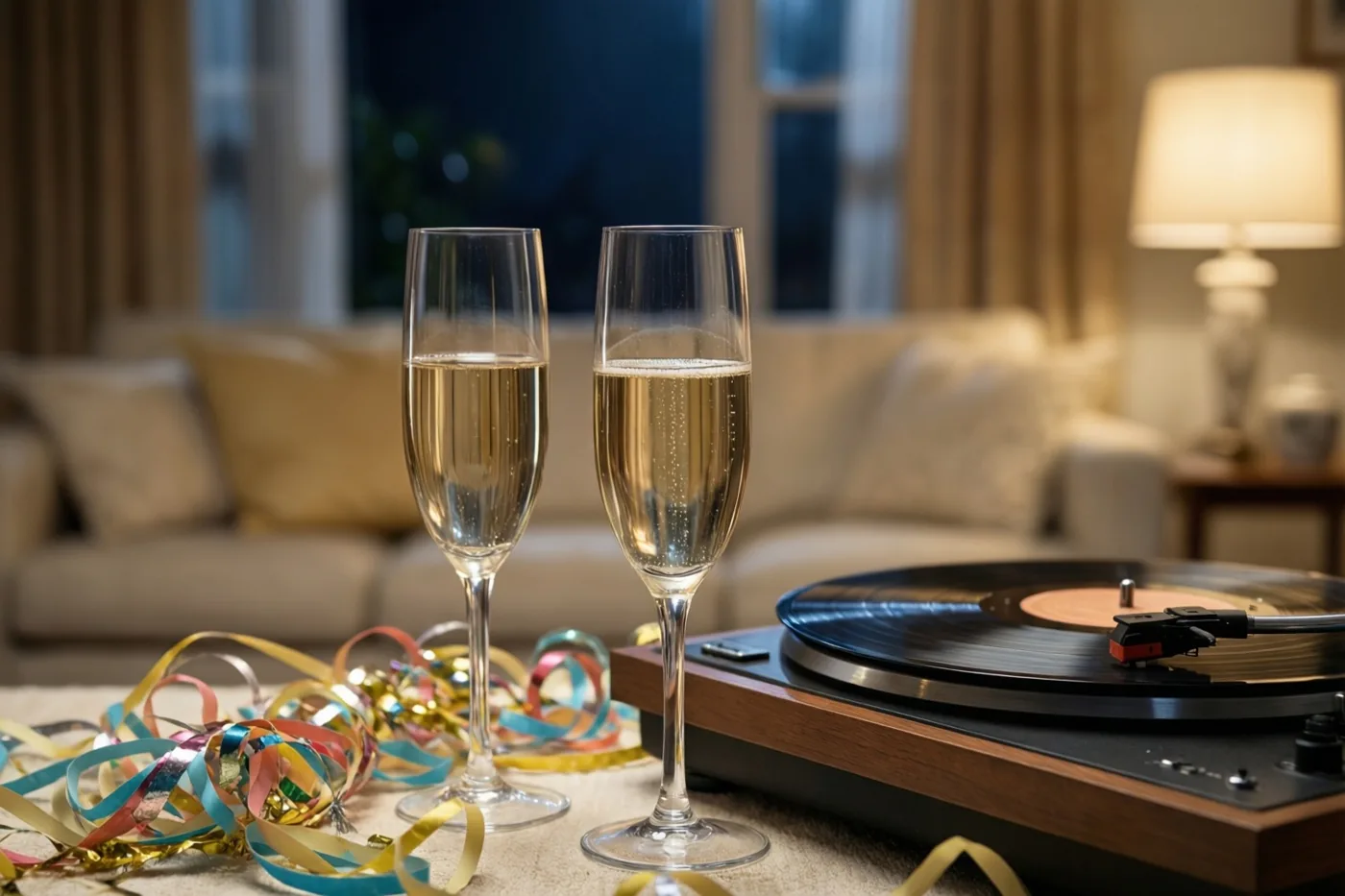 Twee champagneglazen en kleurrijke slingers staan en liggen op een tafel naast een oude platenspeler in een warm verlichte woonkamer met beige, gouden en blauwe tinten.