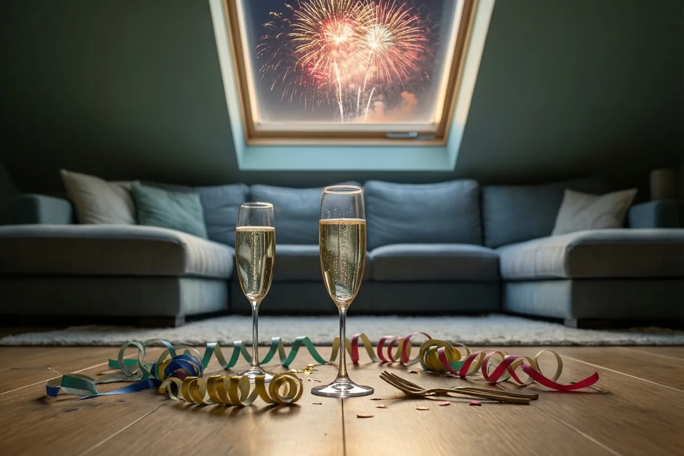 Twee champagneglazen en kleurrijke slingers staan en liggen op de houten vloer van een zolderkamer, met vuurwerk door een dakraam boven een zetel.