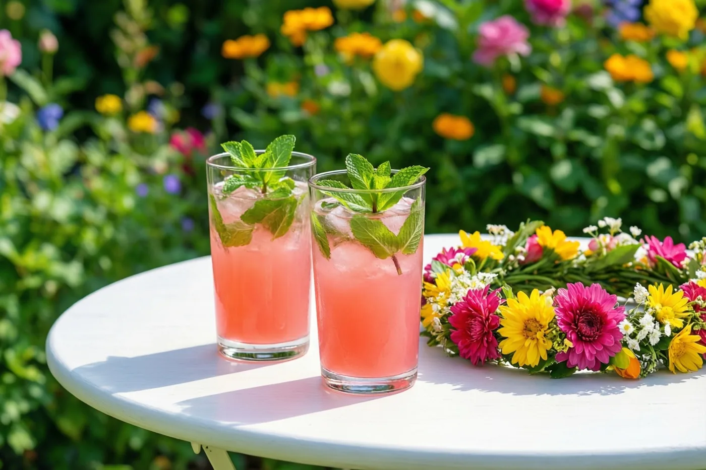 Twee glazen roze limonade met munt staan naast een kleurrijke bloemenkroon op een witte tuintafel in een zonnige tuin met onscherpe bloemen op de achtergrond.
