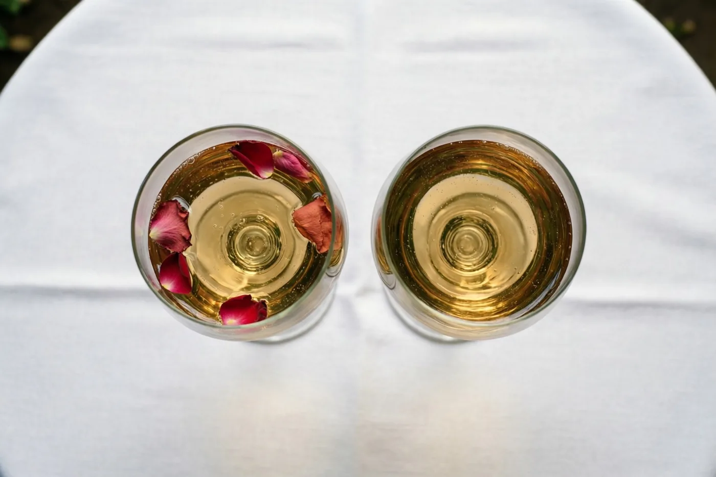 Van bovenaf zijn twee champagneglazen met goudkleurige drank en rozenblaadjes op een wit tafelkleed te zien.