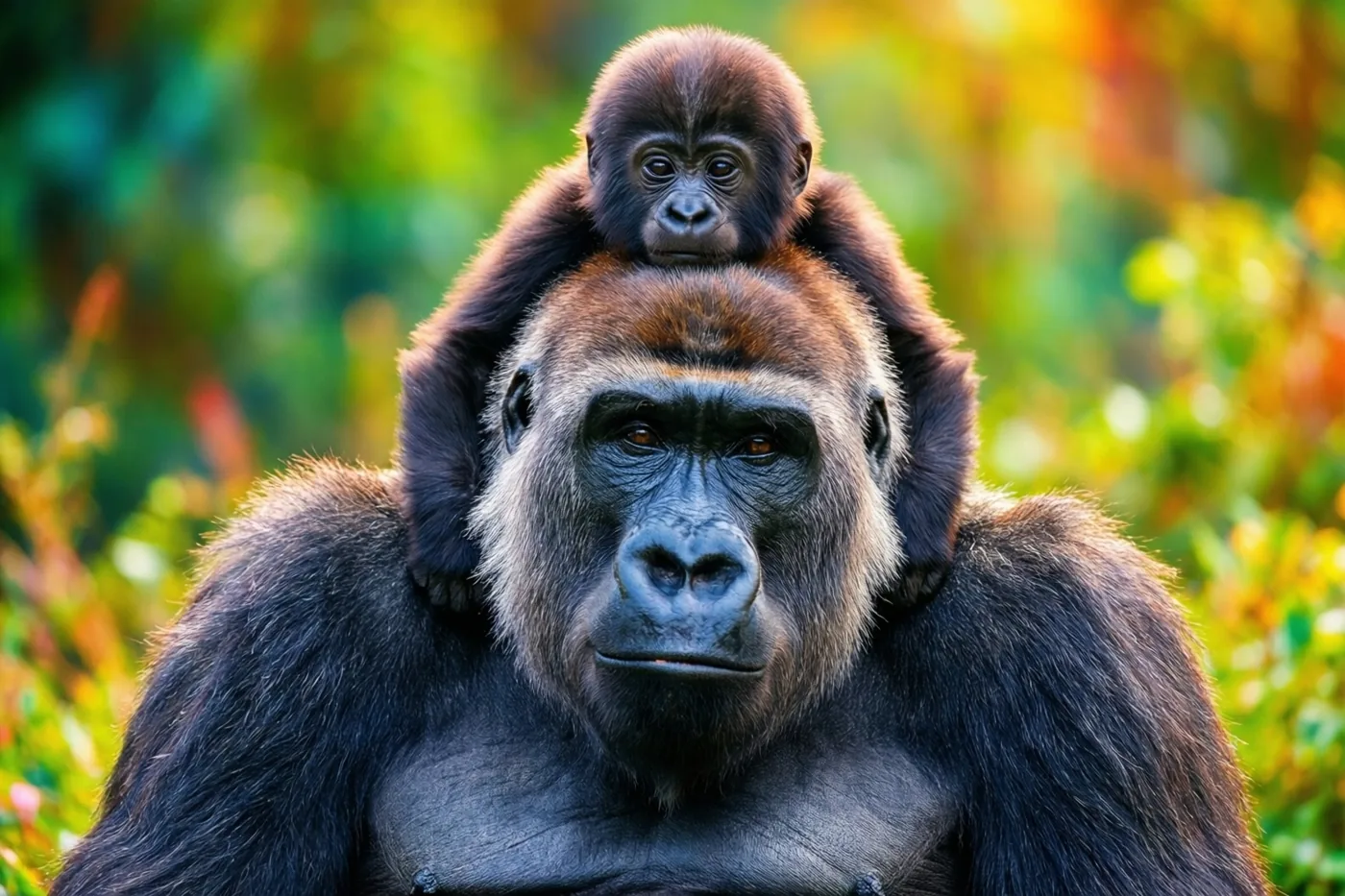 Een zilverruggorilla met een babygorilla op zijn hoofd kijkt naar voren, met onscherpe groene en gele bladeren op de achtergrond.
